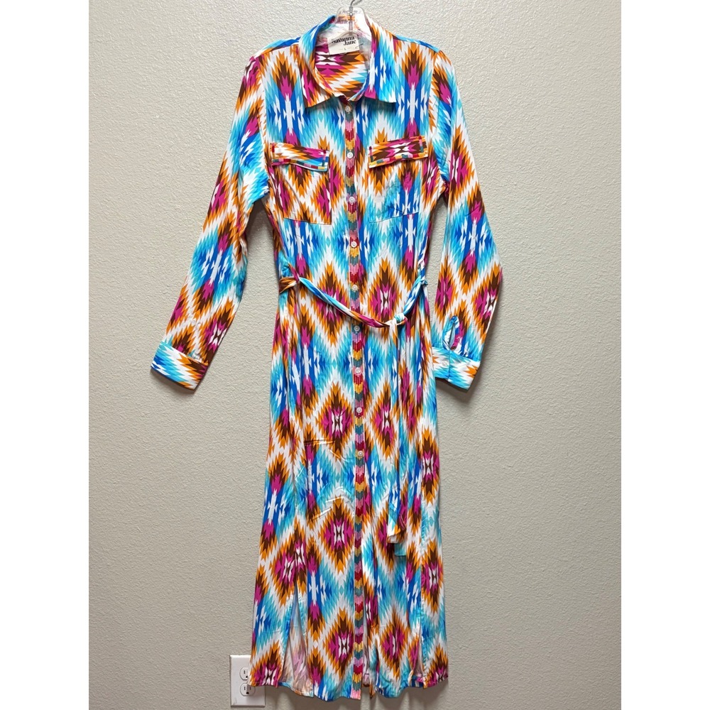 Savanna Jane Womens Southwestern Geometric Print Maxi Shirt Dress Blue Orange L.